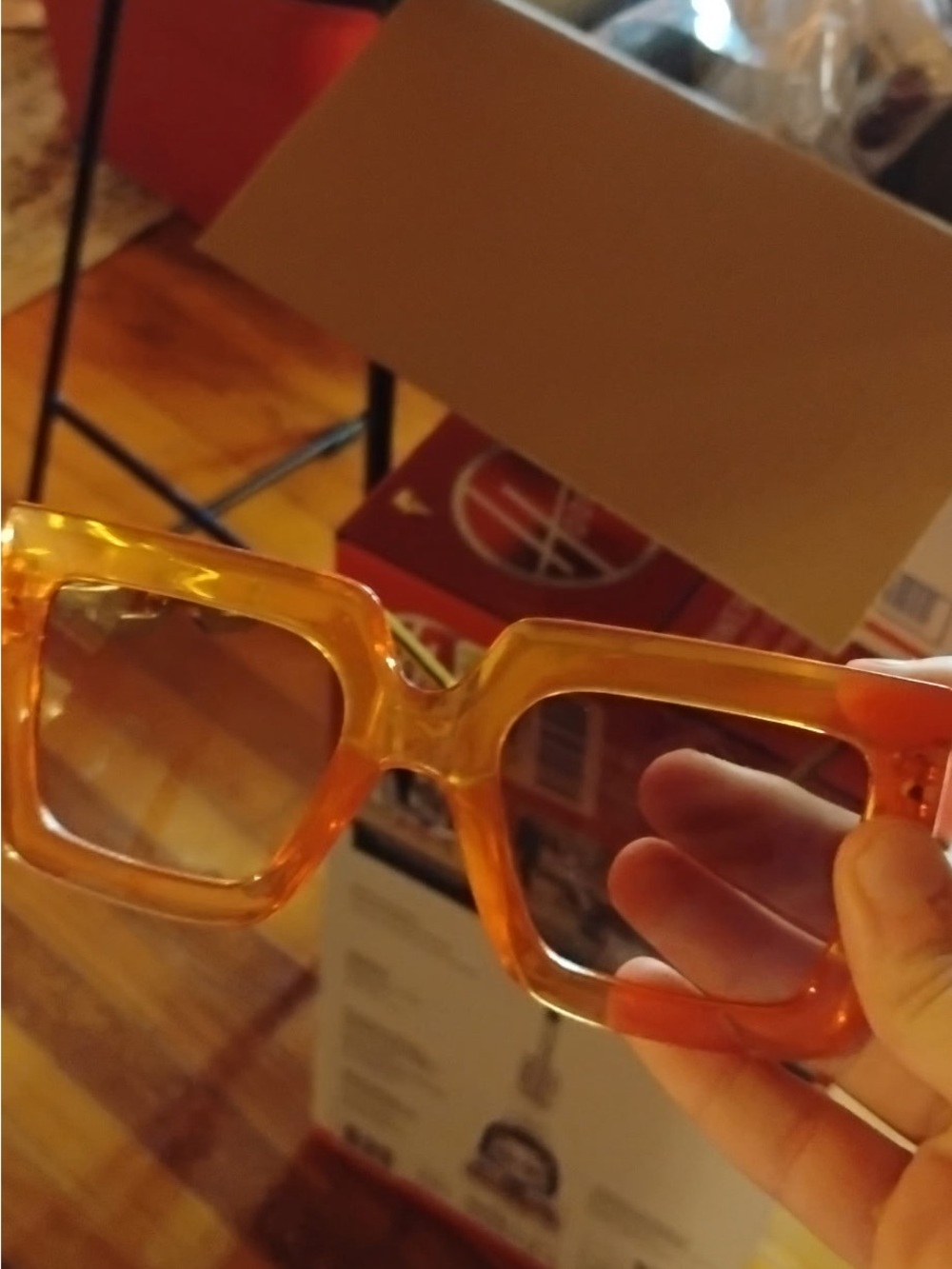 Acrylic Square Frame Sunglasses - Orange with gold chain sides